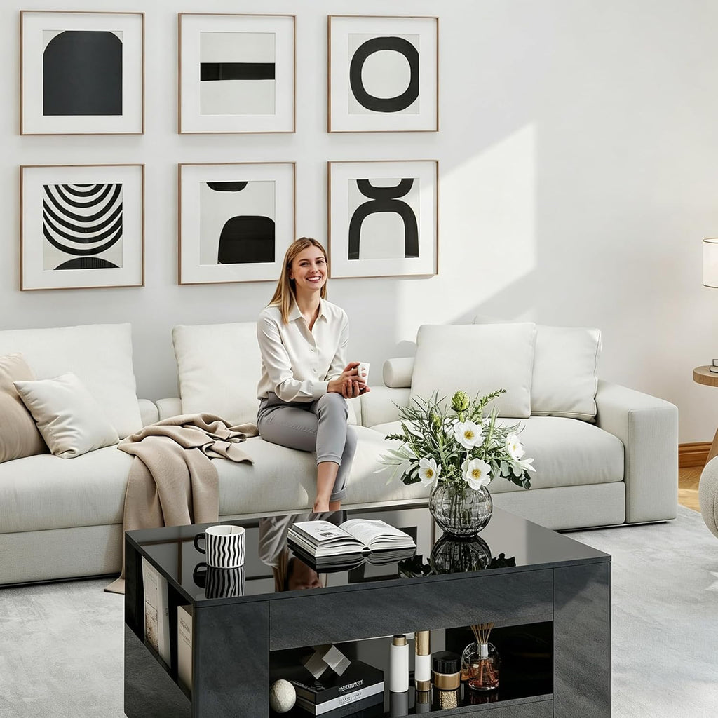 Glossy Coffee Table with Open Shelf Storage - High Gloss Modern Cocktail Table for Living Room, Bedroom, Office
