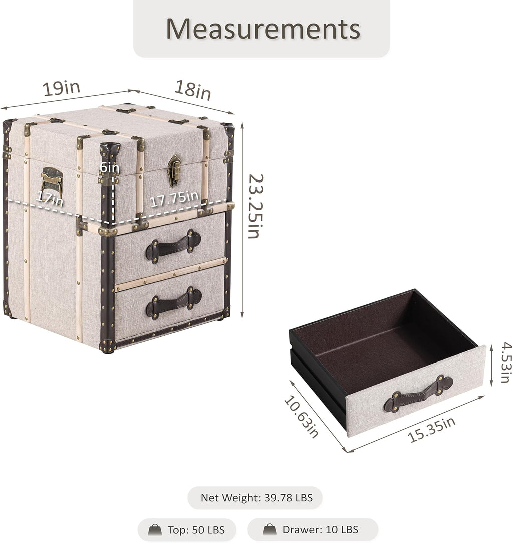 Aoikax Vintage Storage Chest with Buckle Hinged Top, Linen Accent End Side Table for Living Room, Office, Bedroom, Rectangle, Beige