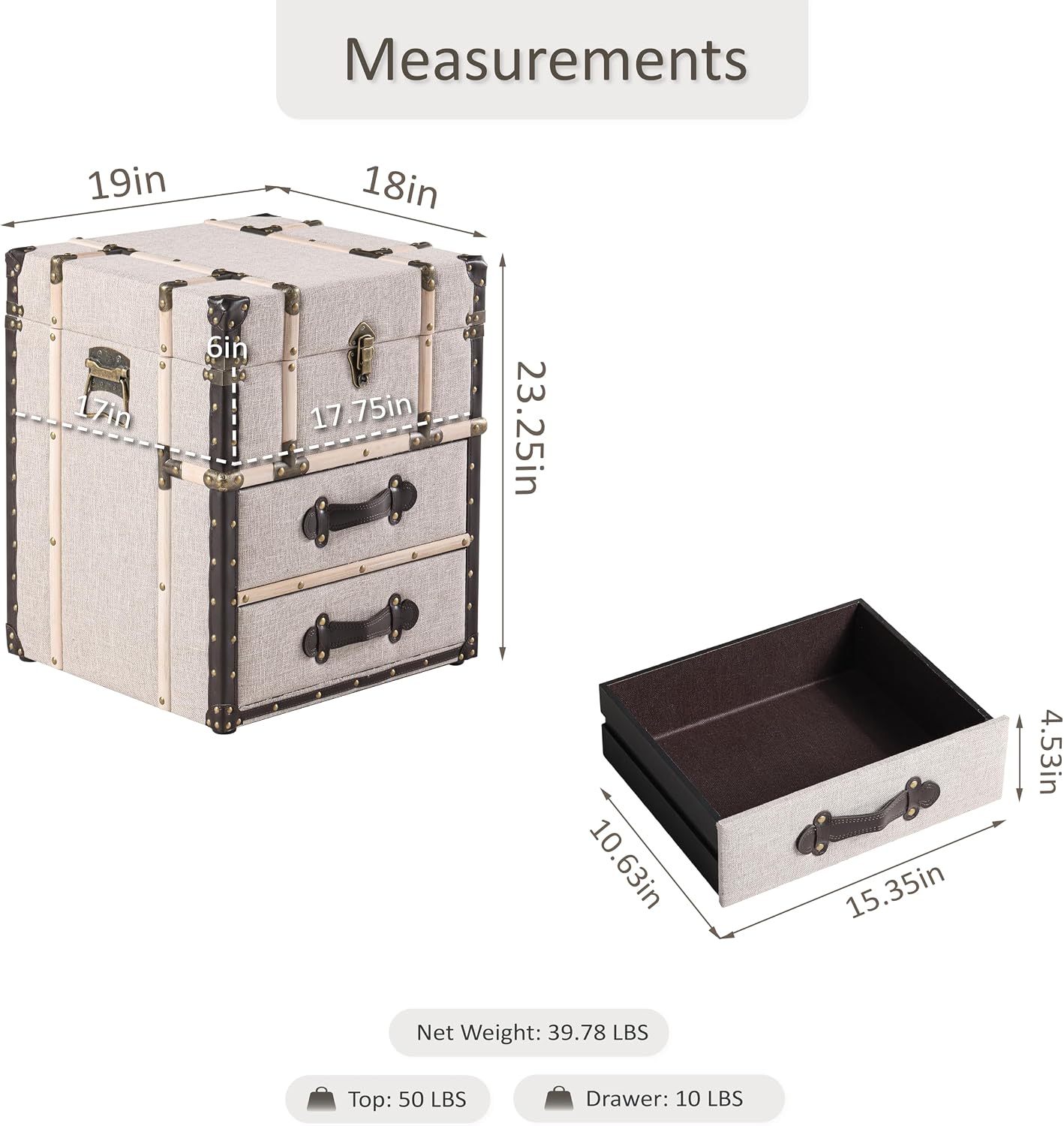 Aoikax Vintage Storage Chest with Buckle Hinged Top, Linen Accent End Side Table for Living Room, Office, Bedroom, Rectangle, Beige