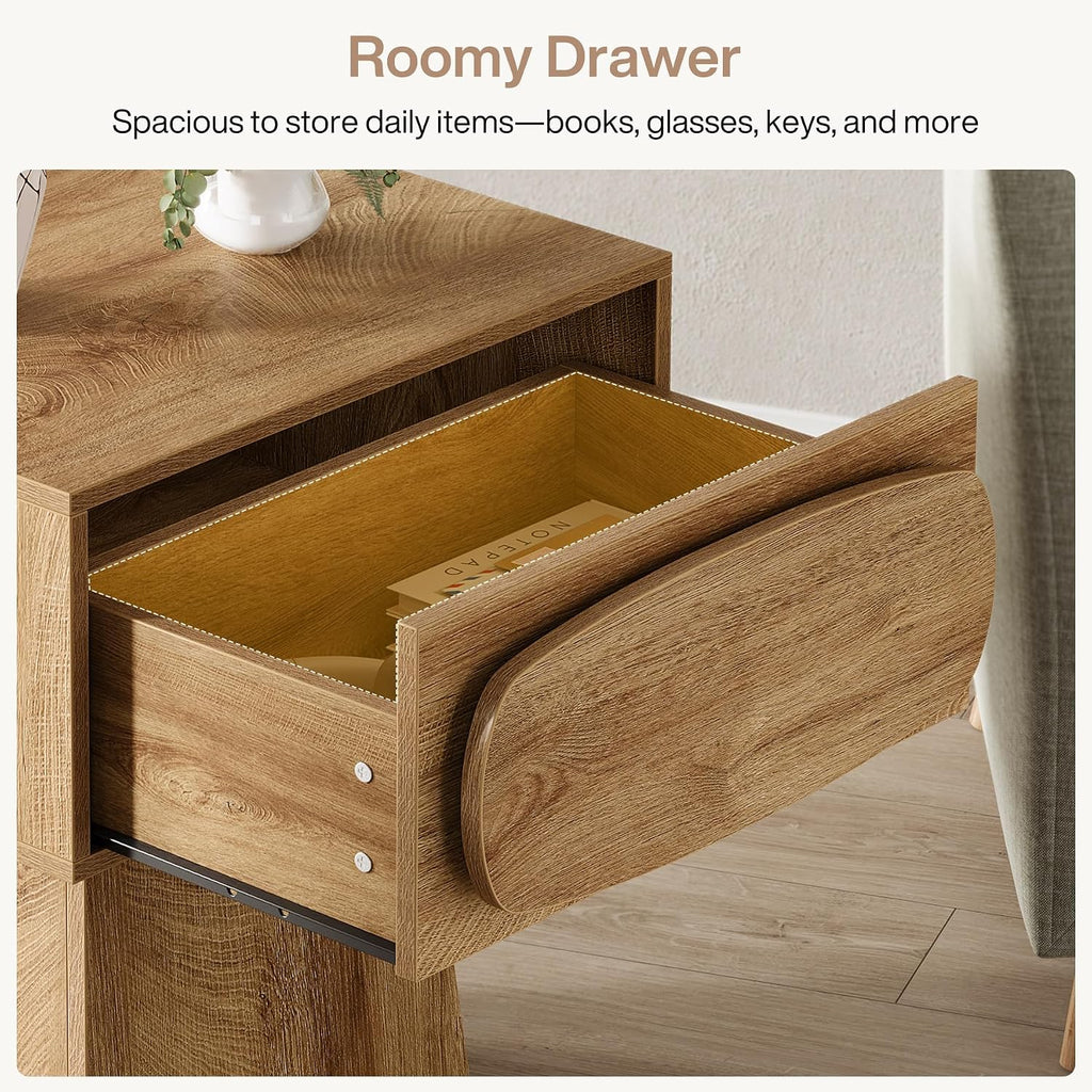 Tribesigns 2PCS End Table with Storage Drawer, Modern Wooden Side Table with Curved Handle, Small Nightstand for Living Room, Bedroom, Small Spaces (Natural Wood Color)