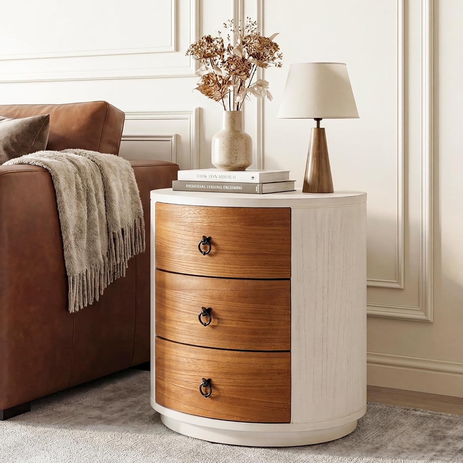 COSIEST 3 Drawer Chest of Drawers, 20 inch MDF Round Storage Cabinet, Retro Whitewash Finish Nightstand, Wood Bedside Table with Drawers for Bedroom Living Room
