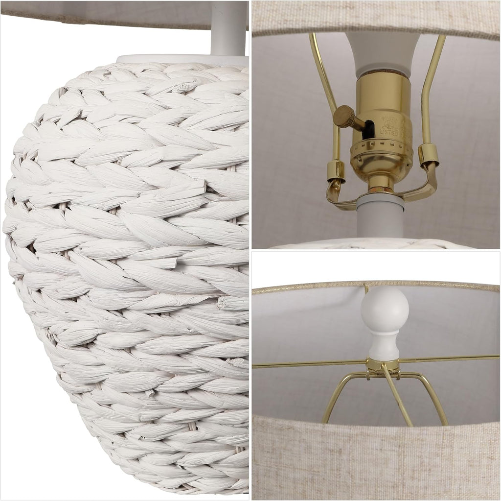 JONATHAN Y 24.5' White Water Hyacinth Farmhouse Basket Table Lamp, Coastal Decor for Living Room Bedroom Nightstand, Light Gray Linen Shade, LED Bulb Included (JYL6501C)