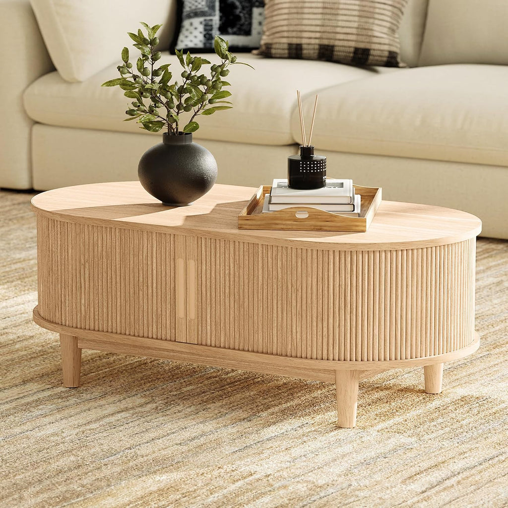 LINSY HOME Oval Coffee Table, Wood Coffee Table with Storage, Fluted Accent Center Table with Sliding Tambour Door, 39' Boho Coffee Tables for Living Room, Bedroom, Apartment, Oak