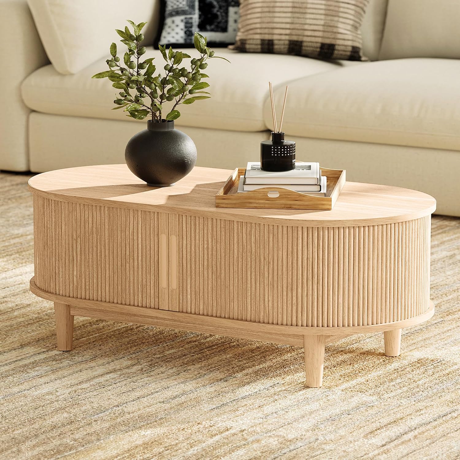 LINSY HOME Oval Coffee Table, Wood Coffee Table with Storage, Fluted Accent Center Table with Sliding Tambour Door, 39' Boho Coffee Tables for Living Room, Bedroom, Apartment, Oak