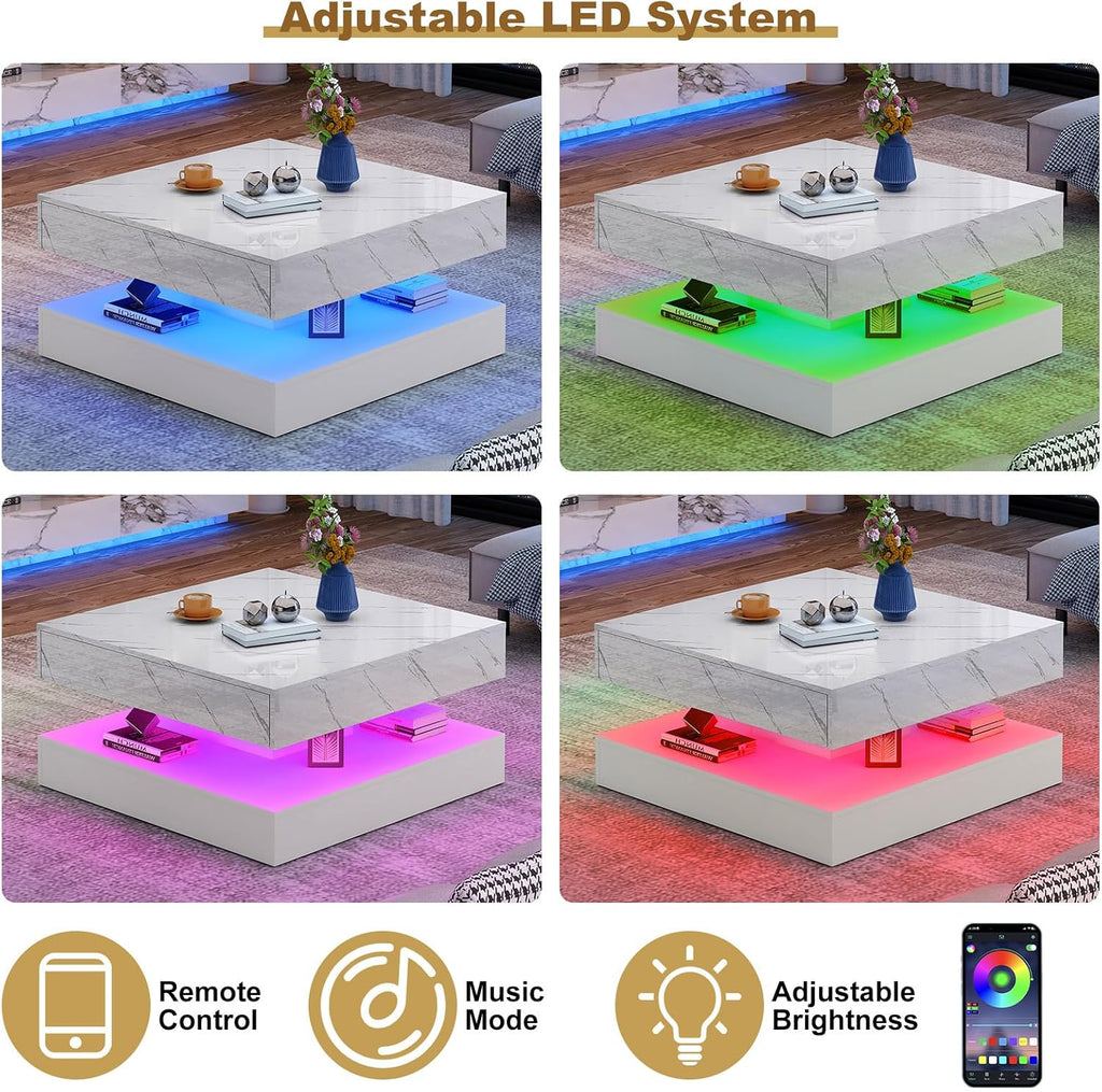 jiteentarou 33.9 Inch Modern LED Coffee Table with Storage - High Gloss Black Square Center Table with 2 Drawers, Double-Layer Design for Living Room, Home Office Furniture,White Marble