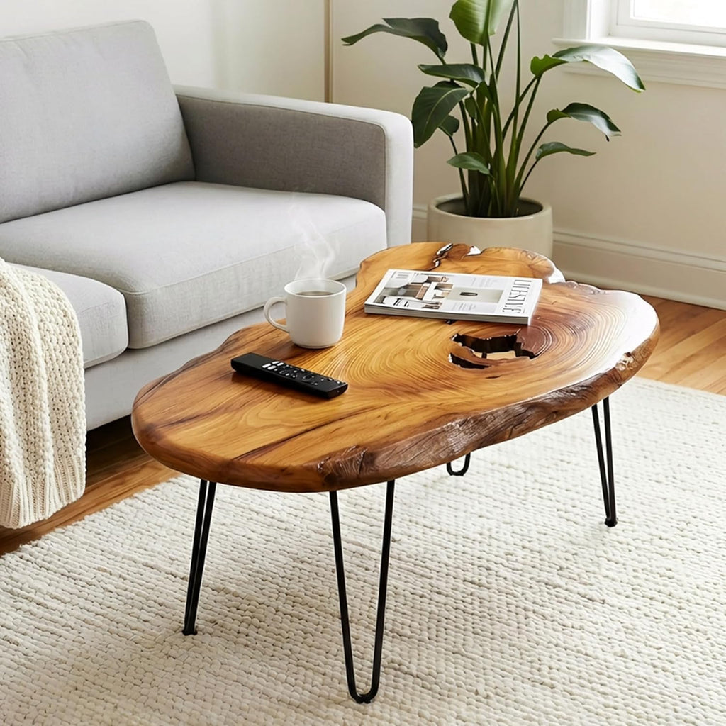 Live Edge Coffee Table, Large Natural Wood Coffee Table for Living Room, Unique Wooden Table with Easy Assembly & Solid Wood Construction