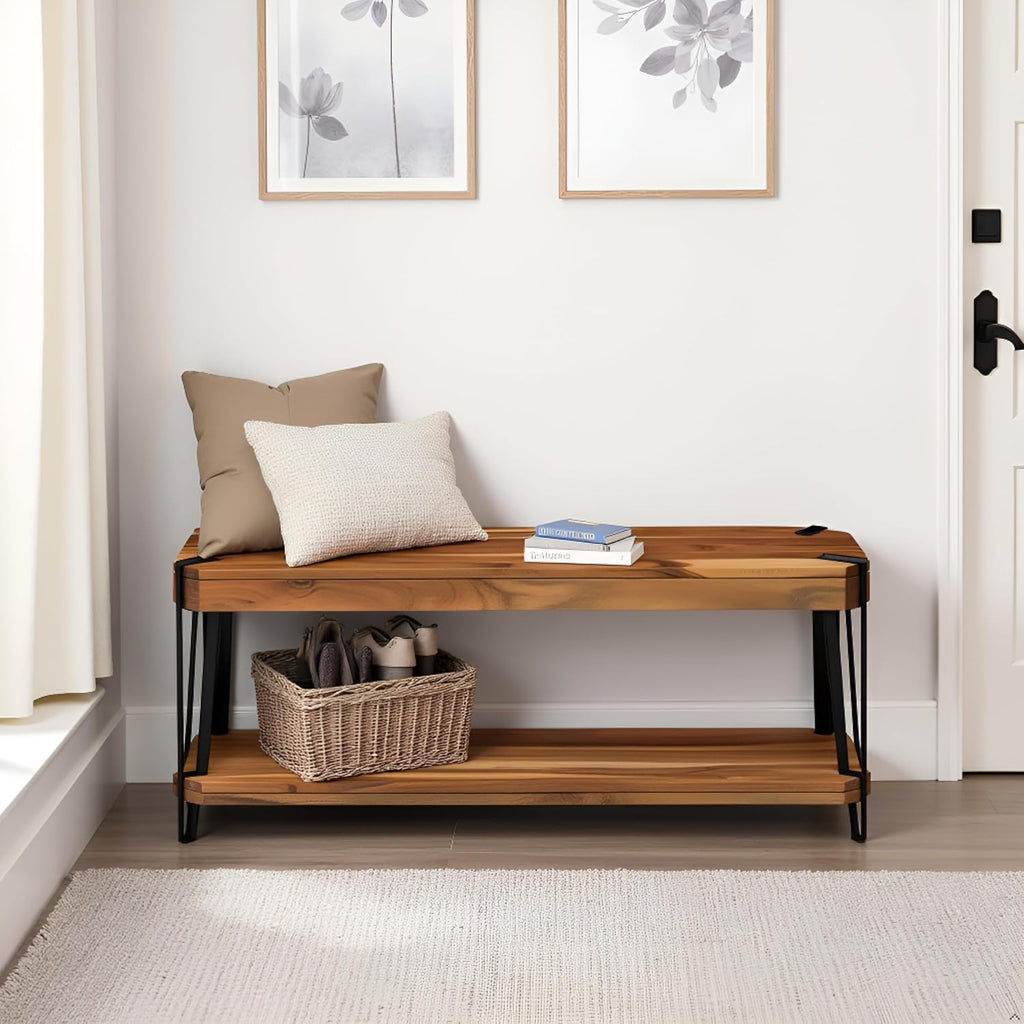 Ryegate 48-Inch Live Edge Acacia Wood & Metal Entryway Bench with Bottom Shelf – 2-Tier Rustic Industrial Wood Bench for Dining Room, Living Room, or Bedroom by Alaterre Furniture