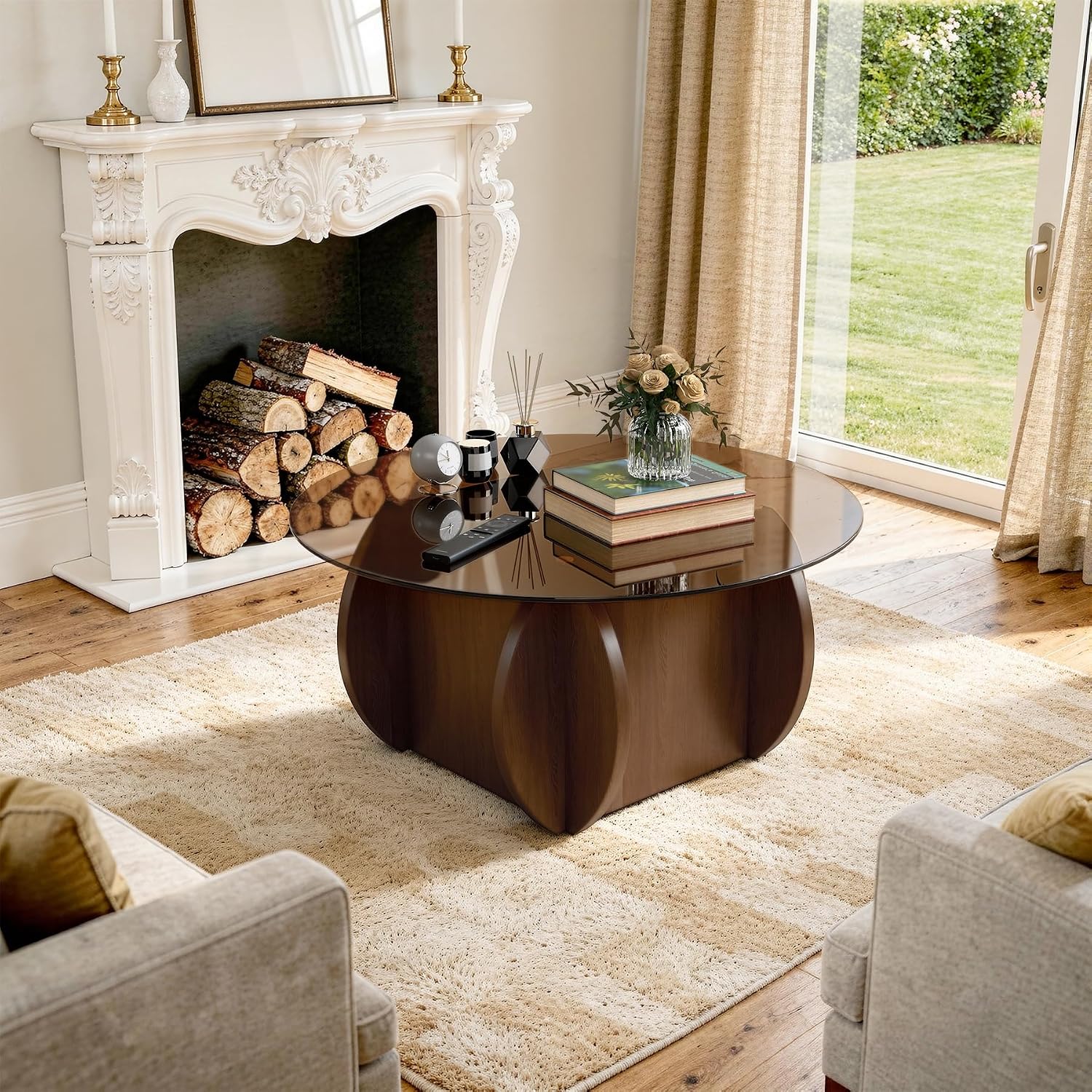 Round Glass Coffee Table, Modern Coffee Table with Glass Top and Wood Base, Minimalist Circle Coffee Table for Living Room, Small Round Coffee Table for Apartment, Office & Lounge, Walnut