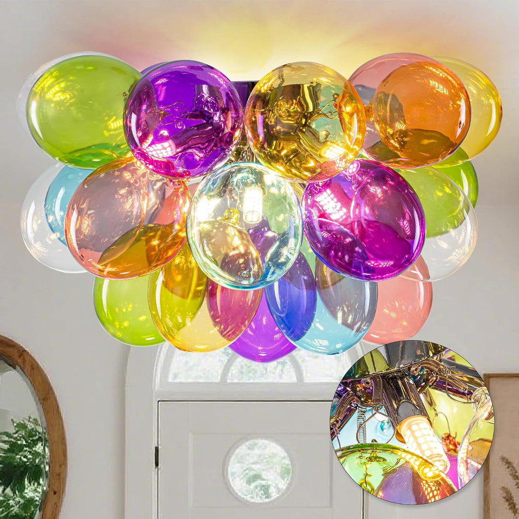 Semi Flush Mount Bubble Chandelier,Close to Ceiling Light Fixtures,16' Modern Bubble Balloon Glass Chandelier with Colorful Globe Glass Shades Pendant Light (Colorful Ceiling, 20 inch)