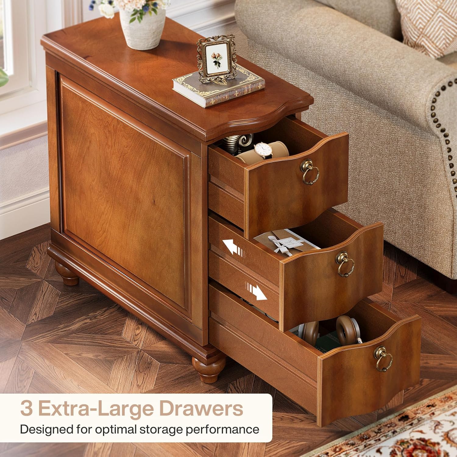 Tribesigns Wood Fully Assembled End Table, 3-Drawers Narrow Slim Side Table, No Assembly Required, Nightstand for Bedside, Small Spaces, Living Room, Bedroom, Walnut Brown