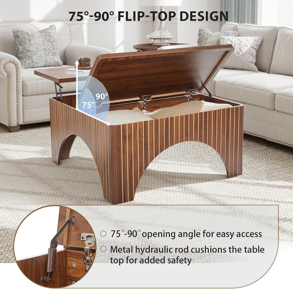 Square Coffee Table, 39'' Large Lift Top Coffee Table with Flip-Top Hidden Compartment Farmhouse Fluted Center Table Wooden Tea Table for Living Room, Apartment, Office (Walnut)