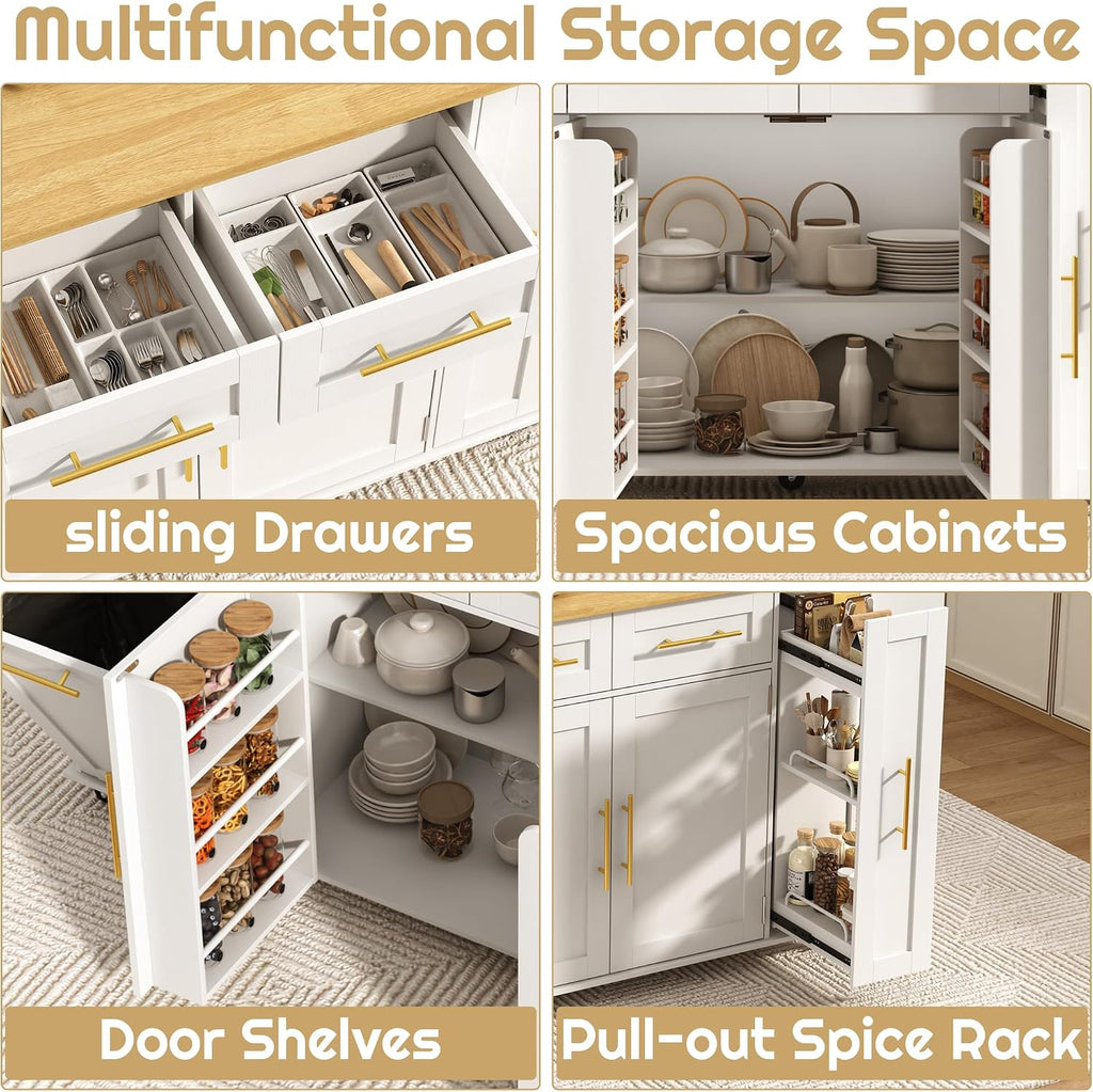 St.Mandyu 69' Large Kitchen Island on Wheels, Kitchen Rolling Island Cart with Trash Storage Cabinet, Power Outlet, 3-Tier Pull-Out Storage Trays, Drop Leaf, Mobile Island Table for Kitchen, White