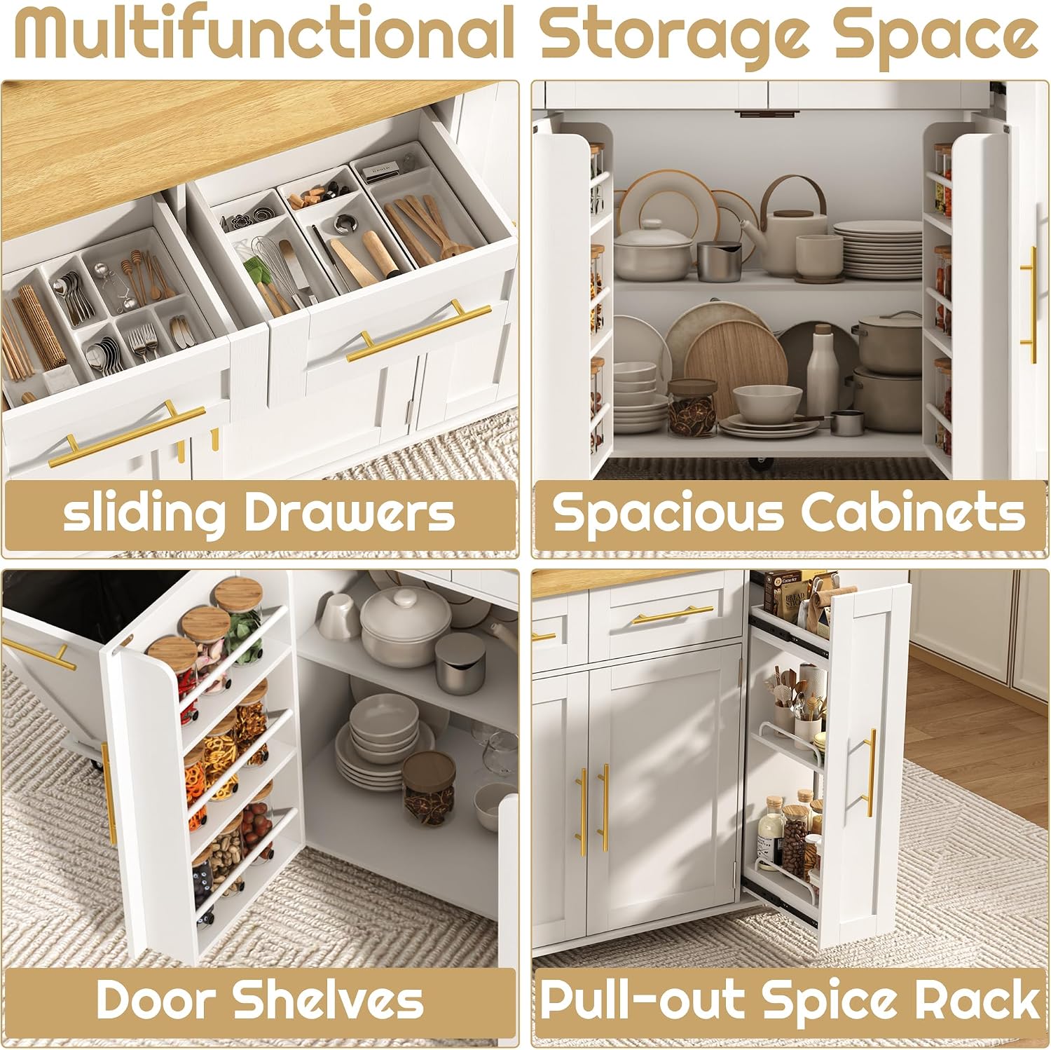 St.Mandyu 69' Large Kitchen Island on Wheels, Kitchen Rolling Island Cart with Trash Storage Cabinet, Power Outlet, 3-Tier Pull-Out Storage Trays, Drop Leaf, Mobile Island Table for Kitchen, White