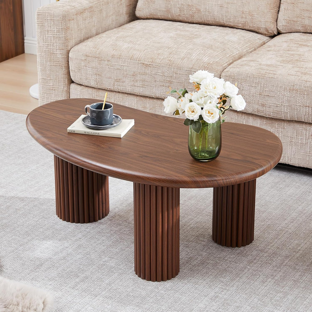 Fluted Coffee Table, 39'' Farmhouse Coffee Tables for Living Room, Low Wood Accent Center Table Small Tea Table with Sturdy Base & Rounded Corners for Small Space Home Office (Walnut)