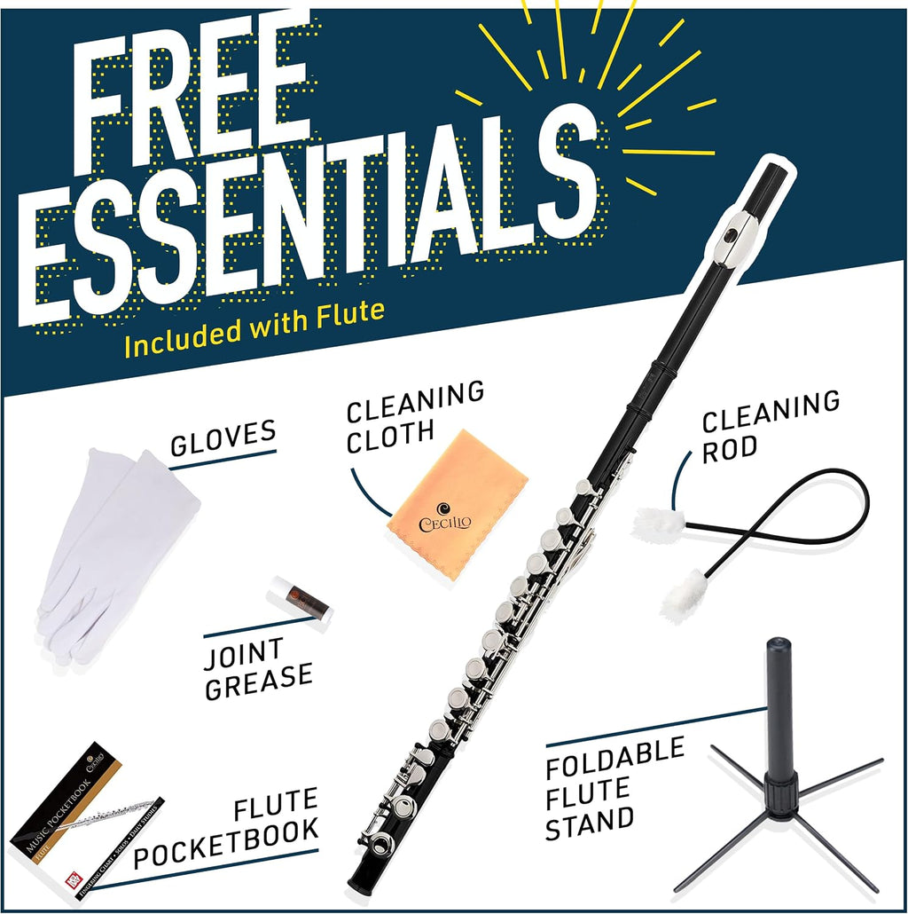 Mendini By Cecilio Flute, 16 Keys C Flute Instrument Closed Hole For Beginners with Carrying Case, Cork Grease, Stand, Lesson Book, Cleaning Kit, Gloves (Black)