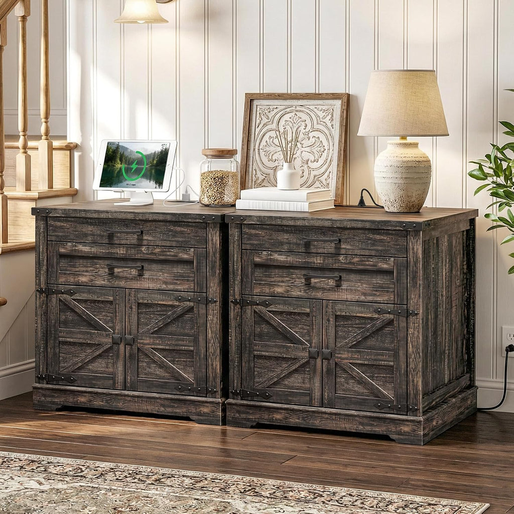 RALGEND Farmhouse End Table with Charging Station, 24'' Sofa Side Table with 2 Drawers and Barn Door, Large Rustic Wooden Square Nightstand for Bedroom, Living Room, Dark Rustic Oak
