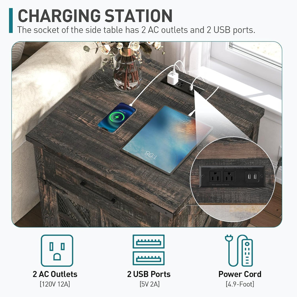 RALGEND Farmhouse End Table with Charging Station, 24' Large Sofa Side Table with Drawer, Large End Table for Living Room, Wooden Nightstand with Outlet, Square, Dark Rustic Oak