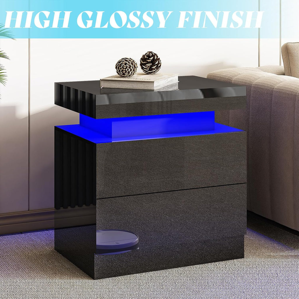 AMERLIFE High Gloss LED Nightstand Set of 2 with Charging Station, Modern Bedside Table Night Stand with LED Lights, Sofa End Side Tables with Drawers for Bedroom Living Room, Black