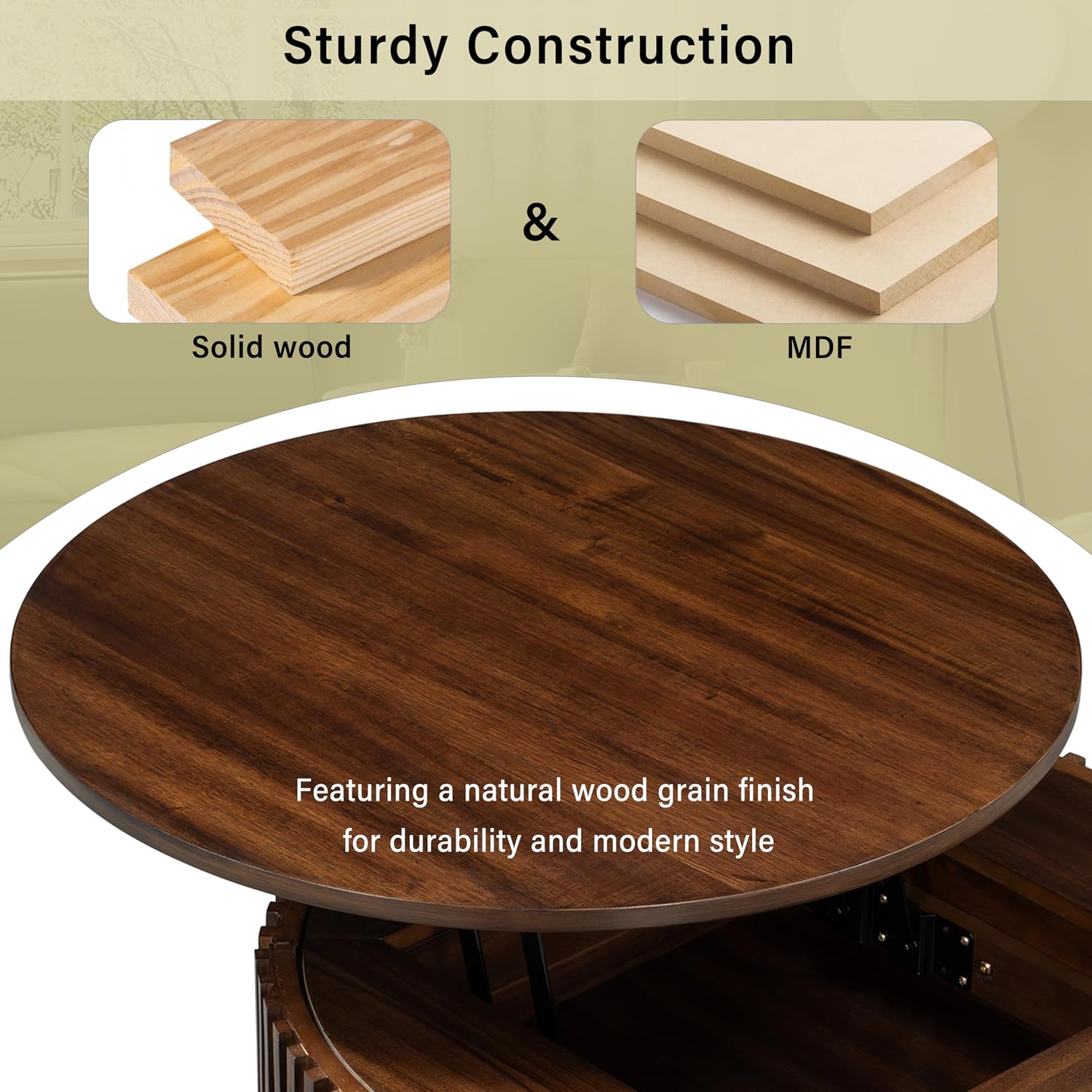 Round Lift Top Coffee Table, 29.8' Modern Fluted Wood Circle Table with Hidden Storage Drawer, Brown Solid Wood & MDF Cylinder Side Table for Living Room Bedroom Small Space