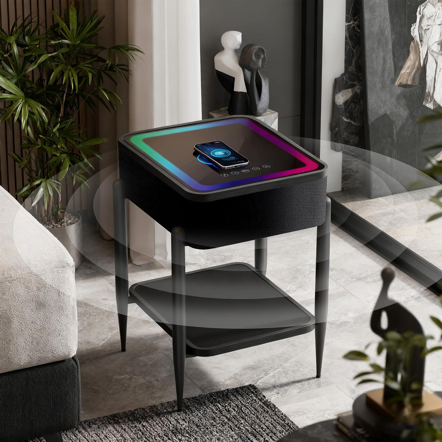 LED Smart Nightstand with Bluetooth Speaker & Wireless Charging, Modern End Table with RGB Lights, Tempered Glass Touch Panel, USB/Type-C/AUX Ports, Easy Assembly, 65W HiFi Sound System, Black