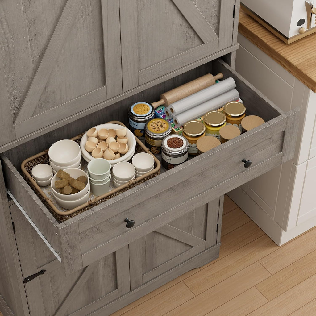 HOSTACK 71' Tall Pantry Cabinet, Farmhouse Kitchen Pantry with Storage Shelves, Barn Doors Food Storage Cabinet, Freestanding Kitchen Hutch with Large Drawer for Dining Room, Living Room, Ash Gray