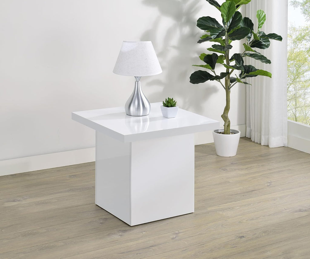 Coaster Home Furnishings - Devar - Wood - Square End Table with Thick Top, Plinth Base, Scratch Resistance and Blocky Frame - Living Room - 23.5-Inch - White High Gloss - 710897
