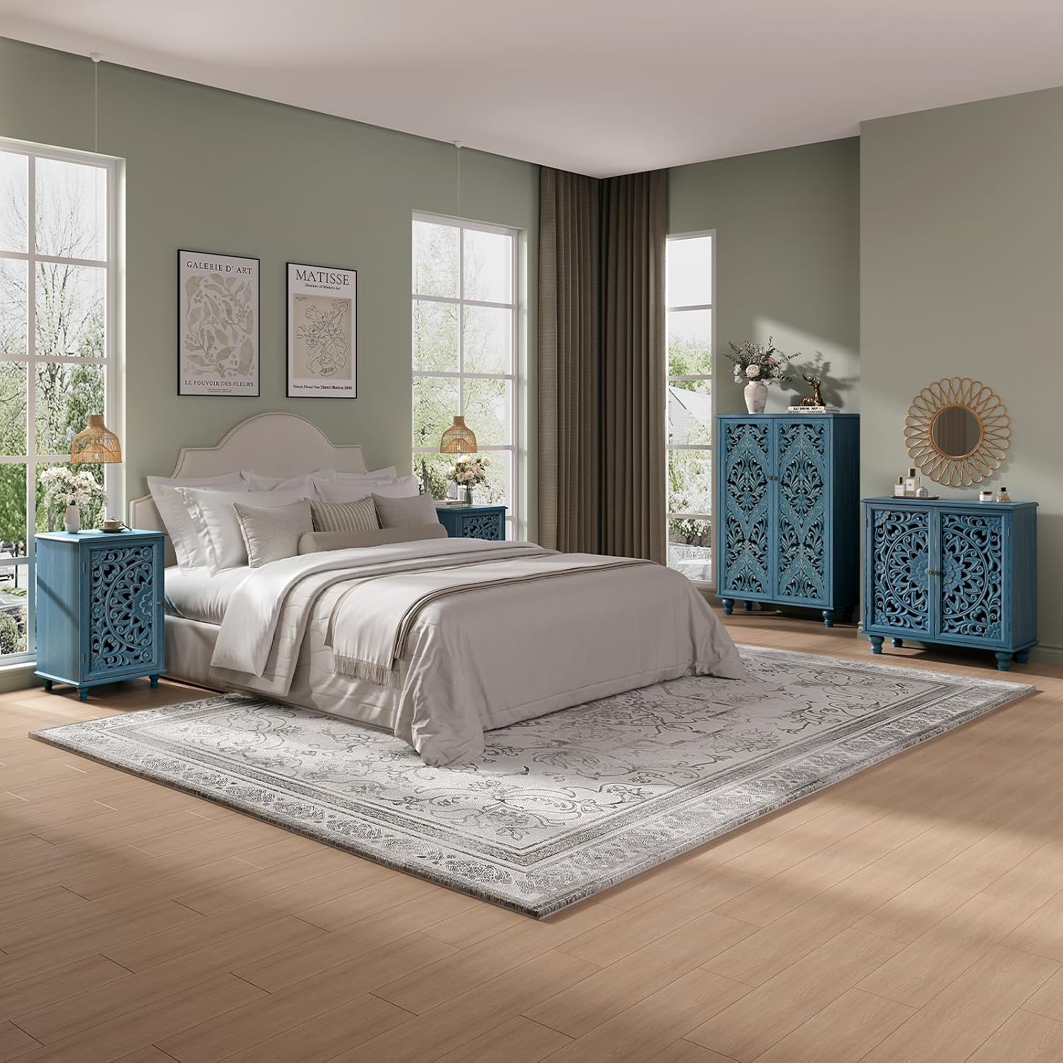 JOINICE End Table with Storage, 28' Tall Blue Side Table with Carved Door & Adjustable Shelf, Small Accent Cabinet with Solid Wood Legs for Living Room & Bedroom, Distressed Farmhouse Style