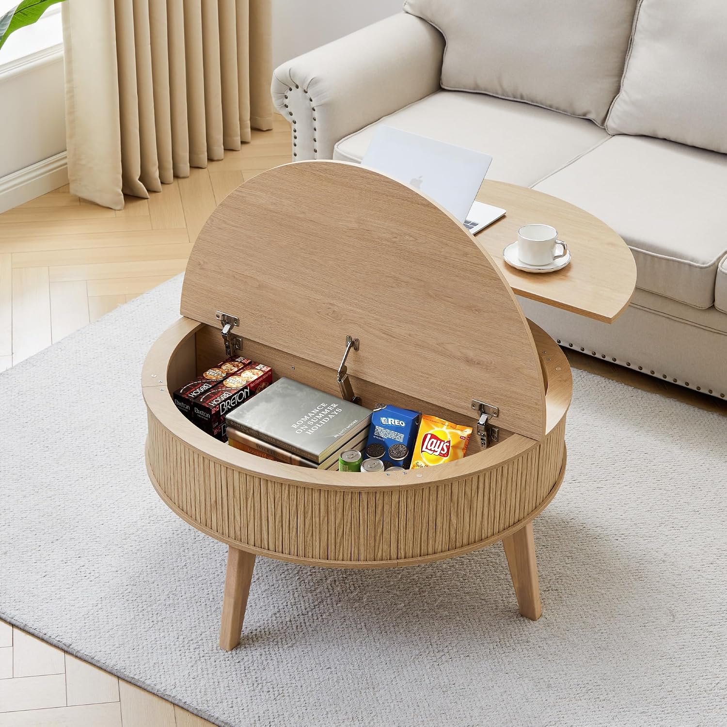 Round Lift Top Coffee Table with Storage, 35.4'' Fluted Wood Center Table Mid Century Modern Coffee Table with Lifting Top for Living Room, Office, Small Space (Natural)