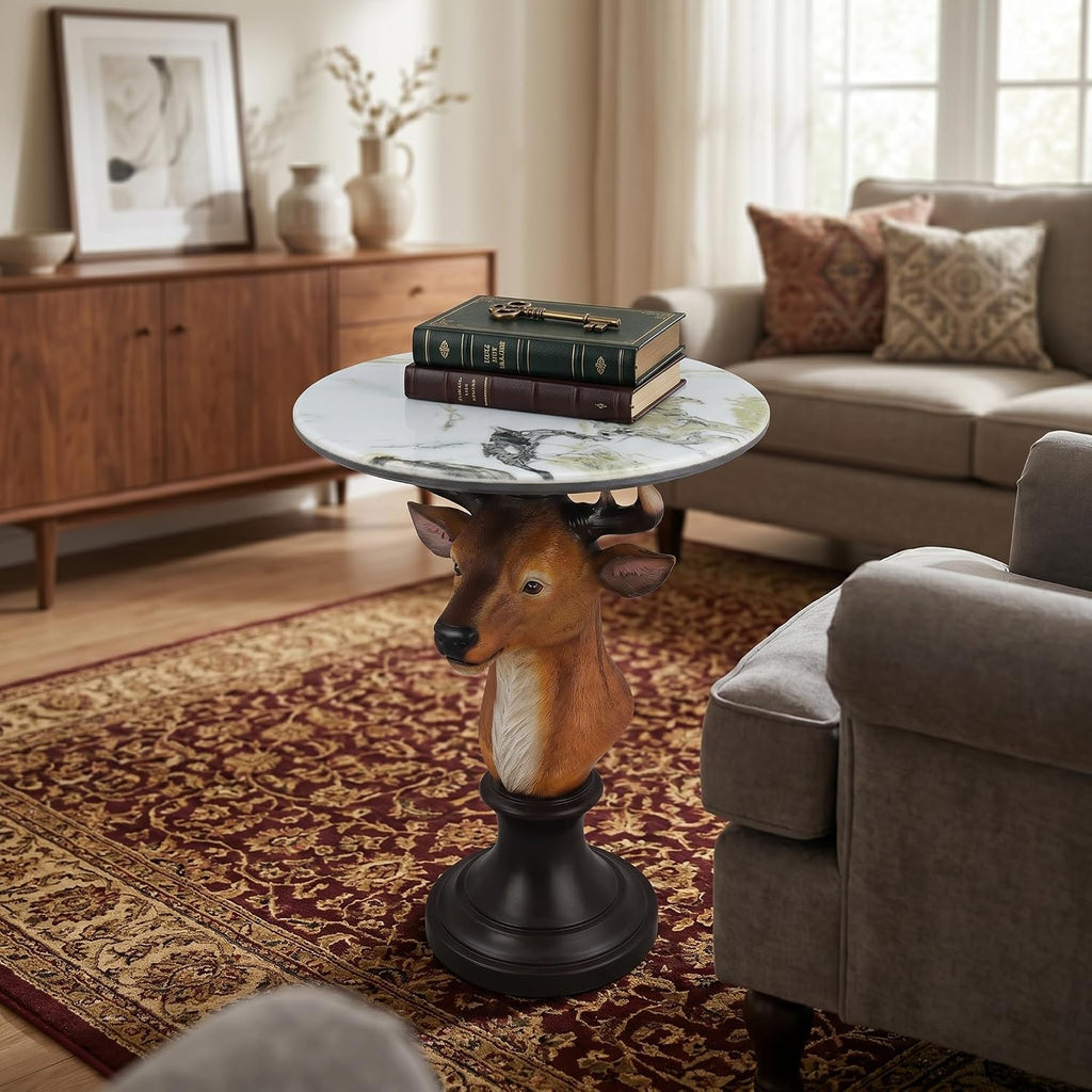 Deer Head Sculptural Accent Table for Living Room & Entryway, 19.69' D x 25.59' H, Resin Animal End Table, Waterproof Outdoor Decor, Unique Gift for Housewarming