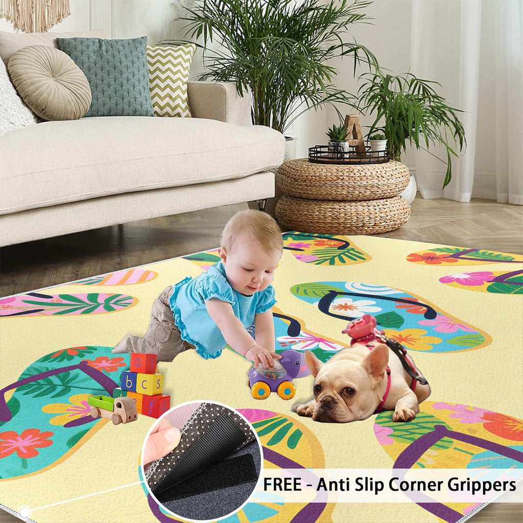 Flip Flop Rug 8x10 Large Rug Beach Theme Area Rug, Tropical Summer Washable Rugs for Bedroom, Hawaiian Beach Indoor Rugs - Home Decor, Boys Girls Gifts