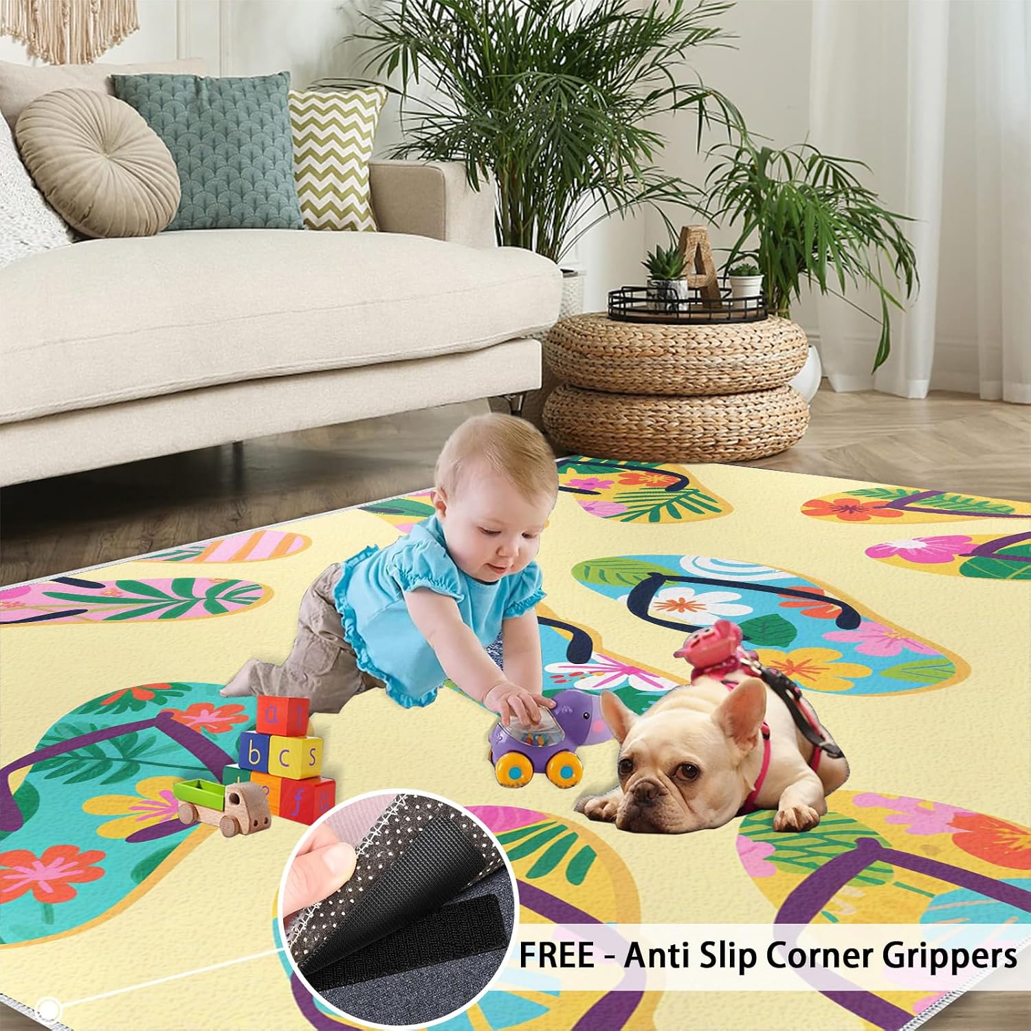 Flip Flop Rug 8x10 Large Rug Beach Theme Area Rug, Tropical Summer Washable Rugs for Bedroom, Hawaiian Beach Indoor Rugs - Home Decor, Boys Girls Gifts