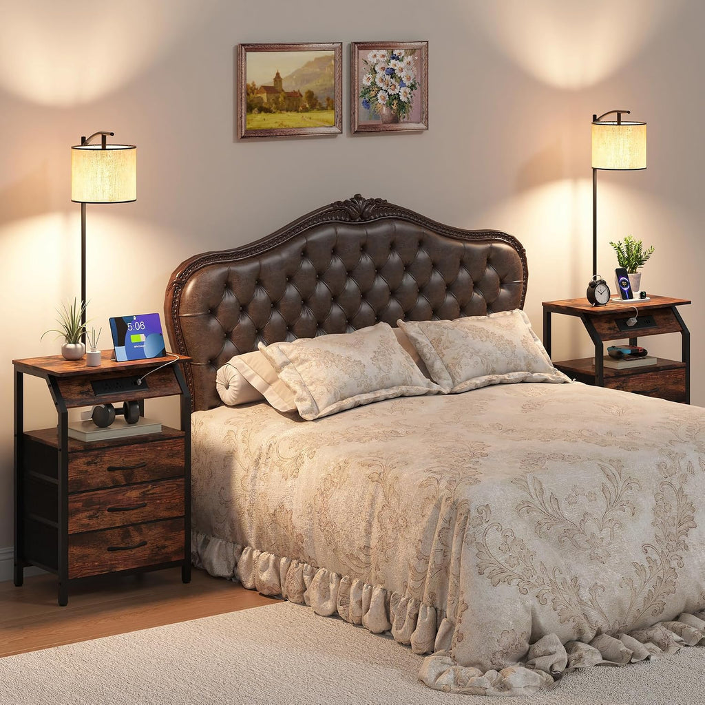 End Table with Floor Lamp Set of 2, Nightstand with Charging Station, Floor Lamp Table with 3-Color Temperature Bulb, Bedside Table Night Stand with 3 Drawers for Bedroom, Living Room, Retro