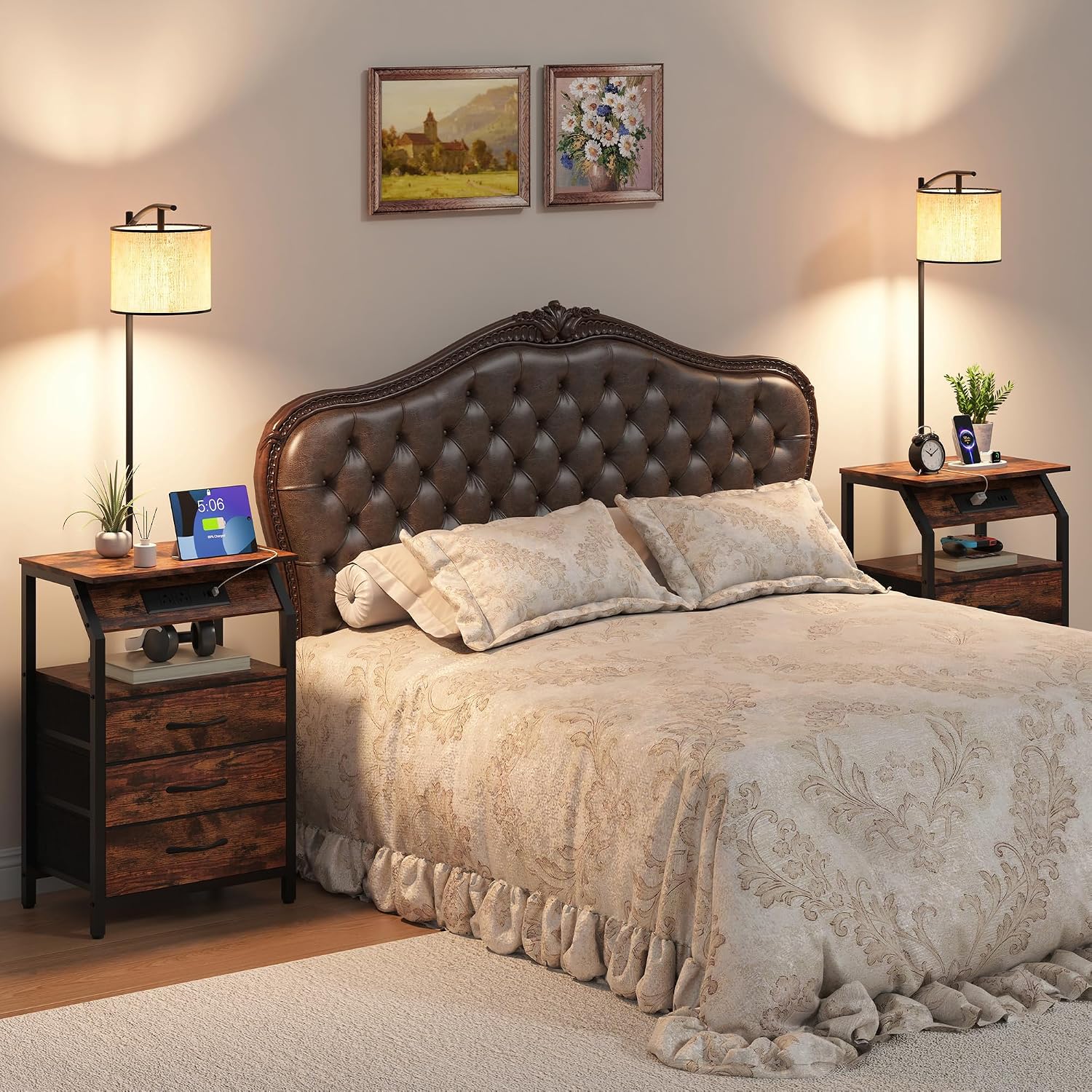 End Table with Floor Lamp Set of 2, Nightstand with Charging Station, Floor Lamp Table with 3-Color Temperature Bulb, Bedside Table Night Stand with 3 Drawers for Bedroom, Living Room, Retro