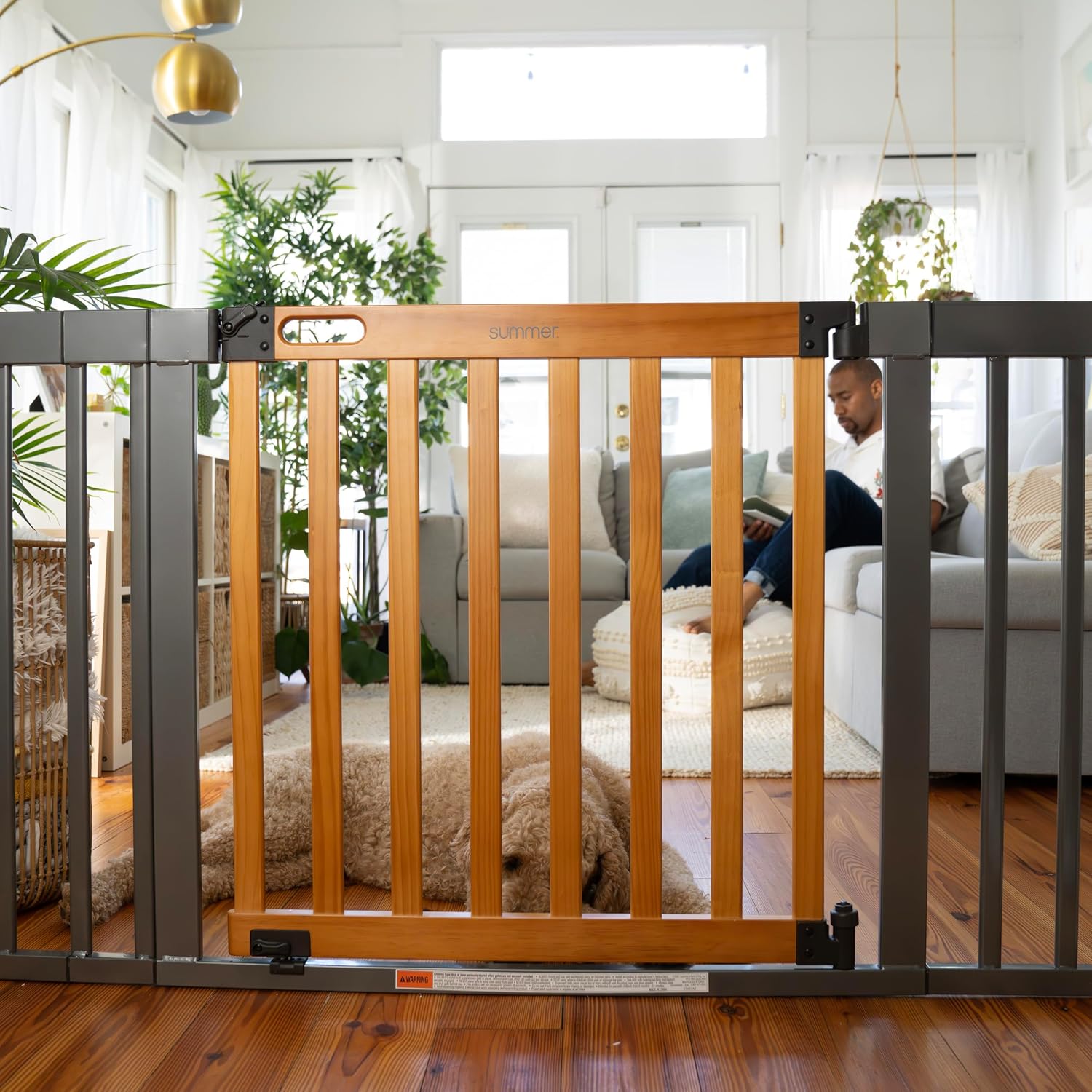 Summer Infant West End Extra Wide Safety Pet and Baby Gate, 36'-60' Wide, 30' Tall, Pressure or Hardware Mounted, Install Wall to Wall in Doorway, Auto Close Walk-Thru Door - Oak Wood and Metal
