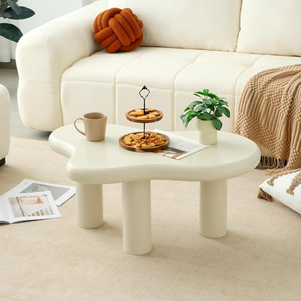 34'(L) Cloud Coffee Table, Modern Wood Coffee Table for Living Room, Accent Center Tables with 3 Legs, Small Tea Tables for Balcony, Patio, Bedroom, Cream White