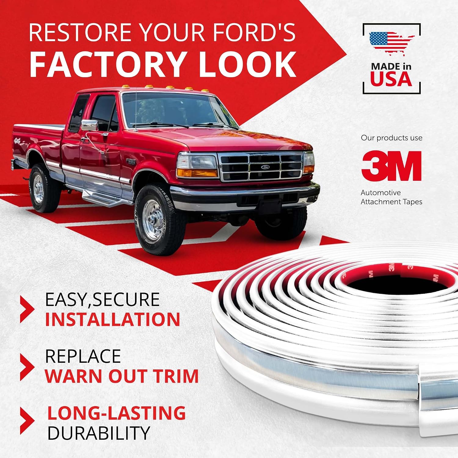 All-Fit Automotive Replacement Old Style Body Side Molding (2') – OEM Grade White and Chrome Trim Fits 1992–1997 Ford F150, F250, F350 & Bronco OBS – Easy to Install Truck Accessories (26 Ft Roll)