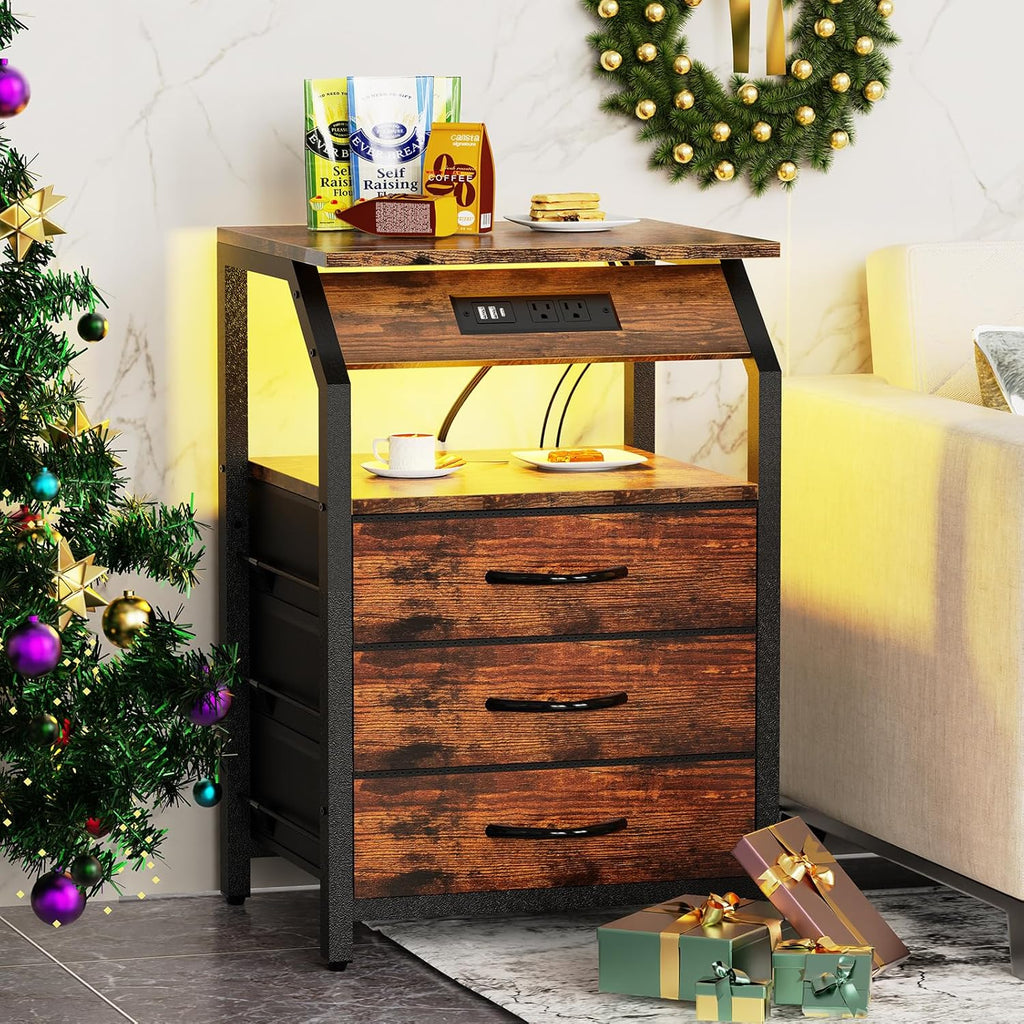 SZLHANJZ End Tables Set of 2, Nightstands with Charging Station and LED Lights, 3 Drawers Fabric Bedside Table, Storage Side Tables for Bedside, Living Room, Rustic Brown