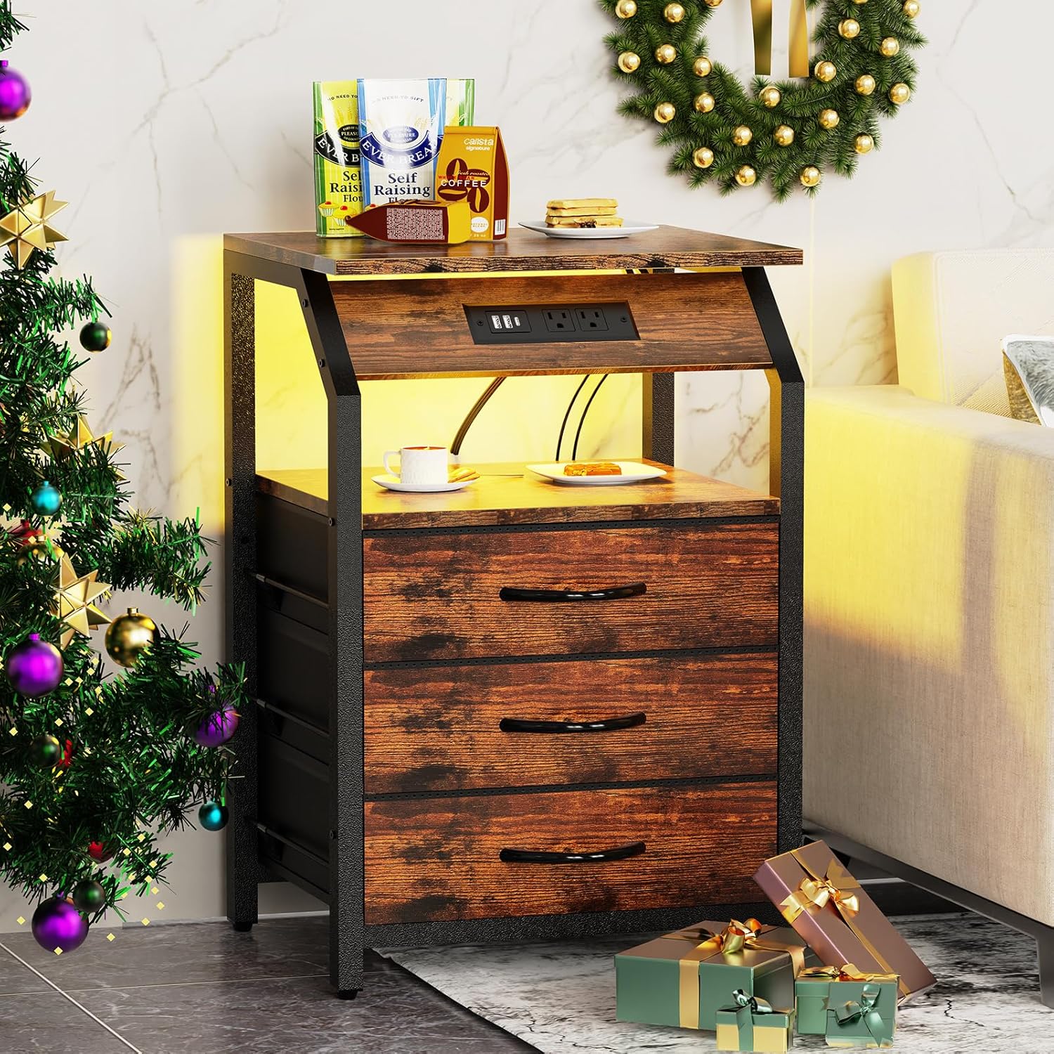 SZLHANJZ End Tables Set of 2, Nightstands with Charging Station and LED Lights, 3 Drawers Fabric Bedside Table, Storage Side Tables for Bedside, Living Room, Rustic Brown