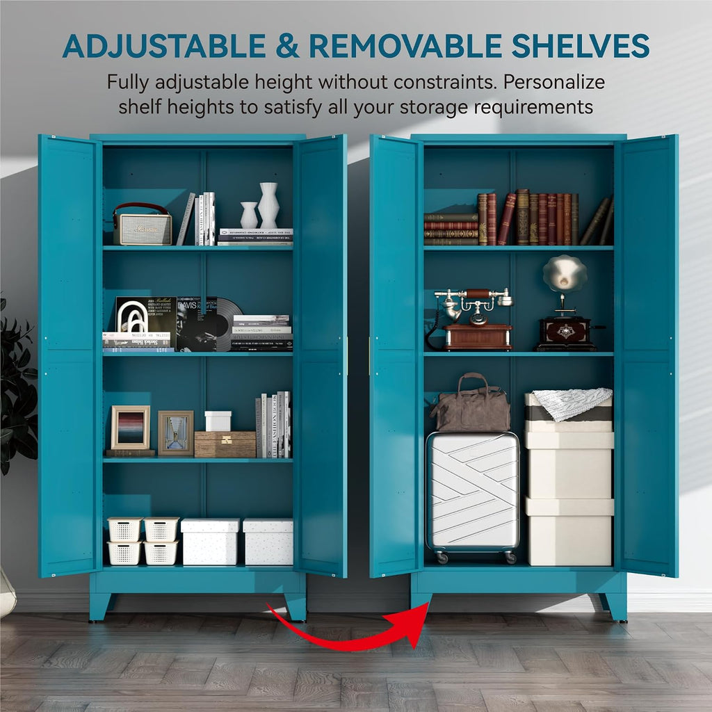 Farmhouse Pantry Cabinet with Barn Doors,61' H x 27.5' W,Metal Cabinet with Adjustable Shelves,4-Tier Storage Cabinet for Kitchen Dining Room Garage,Blue 1 Pack