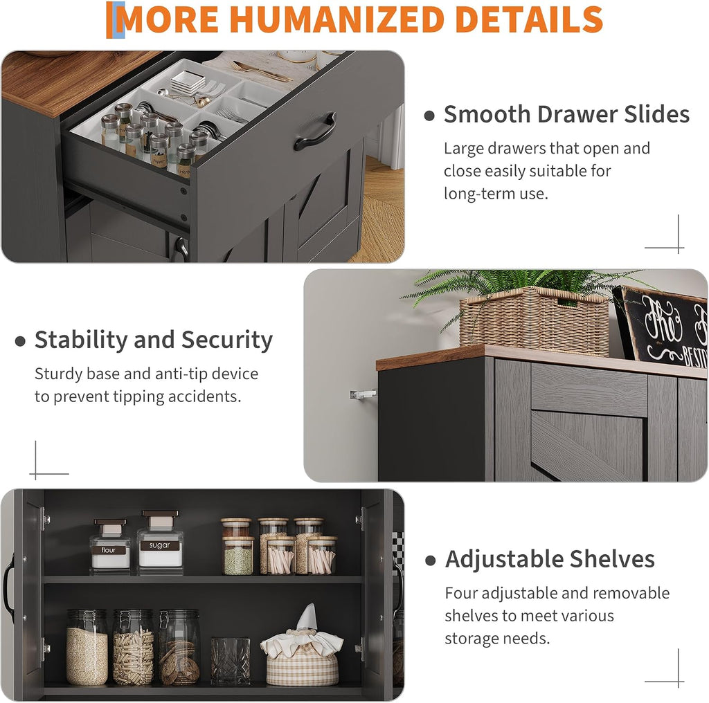 71' Pantry Cabinet with Charging Station, Kitchen Hutch Storage Cabinet with Countertop & Drawer, Farmhouse Food Pantry with Microwave Stand & Adjustable Shelves for Living Room, Dining Room, Black