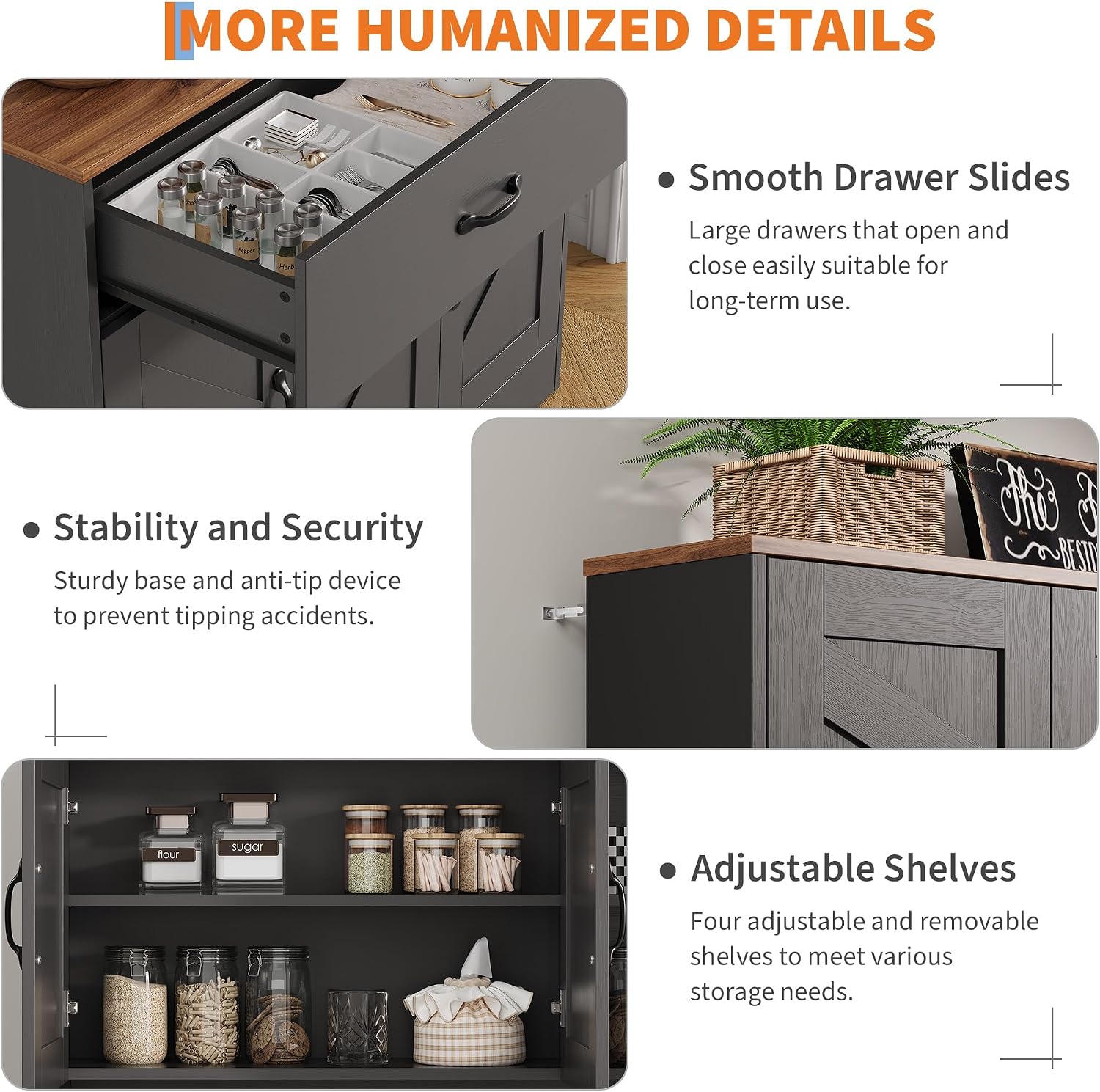 71' Pantry Cabinet with Charging Station, Kitchen Hutch Storage Cabinet with Countertop & Drawer, Farmhouse Food Pantry with Microwave Stand & Adjustable Shelves for Living Room, Dining Room, Black
