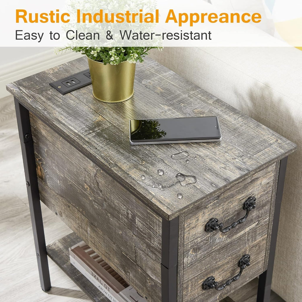 VECELO End Tables,Narrow Nightstands with Charging Station & USB Ports &Drawers,Night Stand for Living Room, Bedroom,Misty Gray