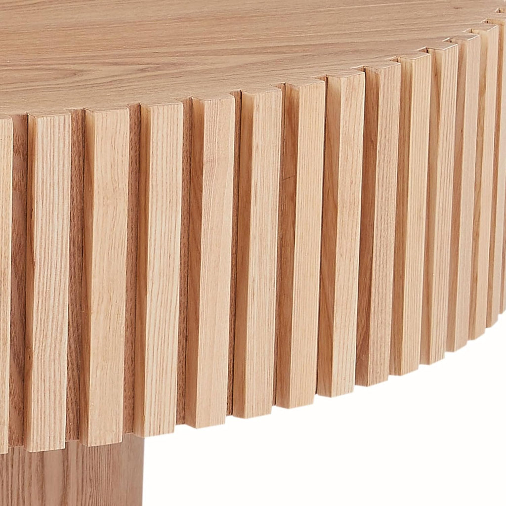 Round Coffee Table Wood Circle Coffee Table for Living Room Contemporary Fluted Table for Apartment, Easy Assembly ø35.43'', Oak