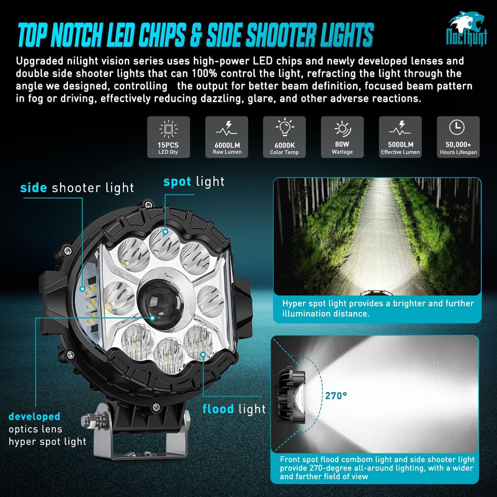 Nilight 7 Inch LED Offroad Driving Lights High Low Beam 2 PCS 80W Round White Light Side Shooter Spot Flood Fog Light Pod w/ 16 AWG DT Connector Wiring Harness Kit for Jeep Truck ATV UTV SUV