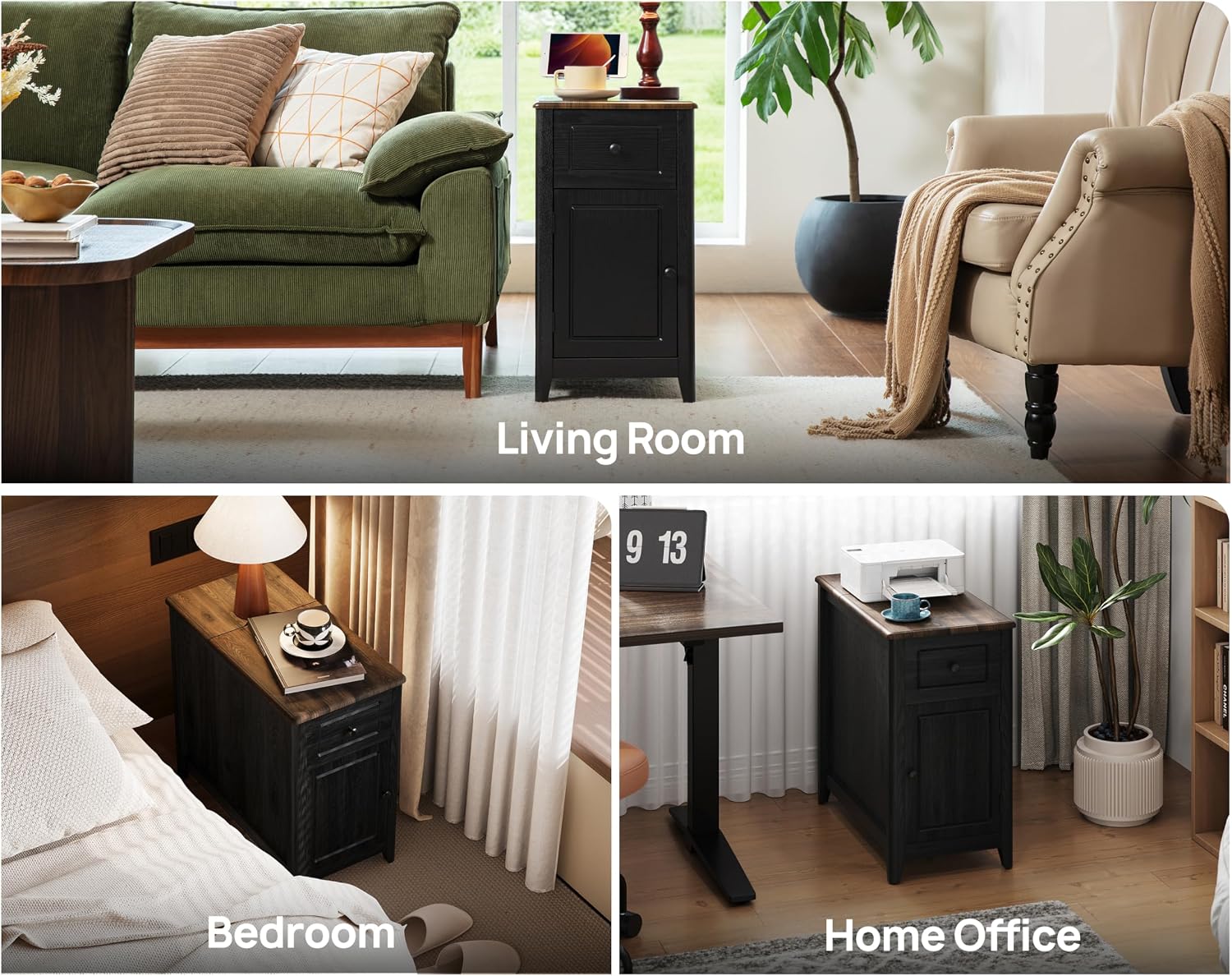 Farmhouse End Table with Charging Station, USB-C, Narrow Side Table with Storage Cabinet and Deep Drawer, Small Nightstand with Hidden USB Ports and Outlets for Living Room, Bedroom, Office,Black