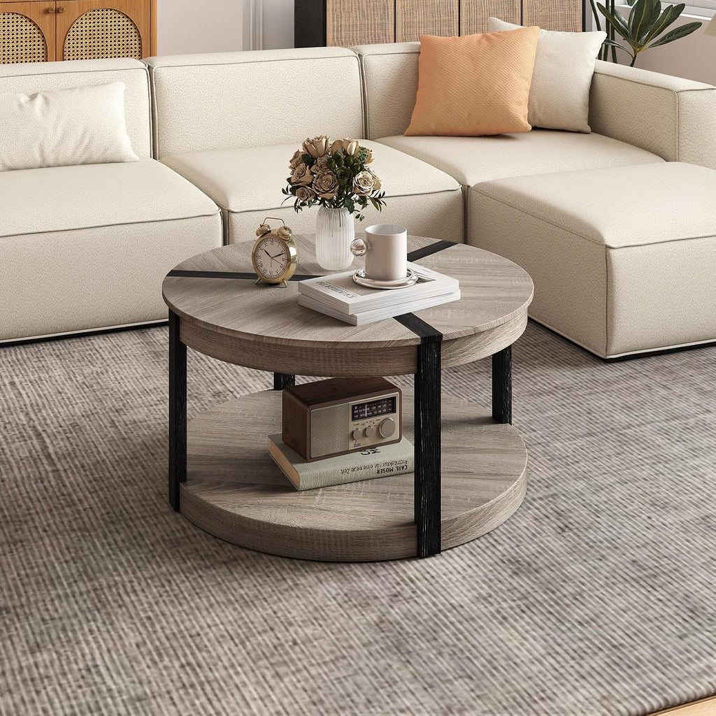 Giantex Round Coffee Table, 34.5' Mid Century Modern Circle Cocktail Accent Table with Open Storage Shelf & Rubber Wood Frame, 2 Tier Center Table for Living Room Reception Room, Grey Oak