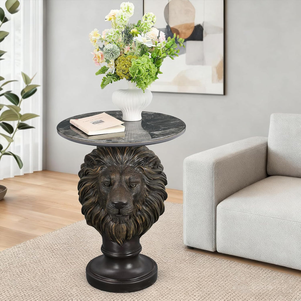 Vintage Bronze Lion Head Sculptural Side Table with Black Faux Marble Top, 19.69' Round Resin End Table, 25.59' H Majestic Accent Table for Living Room, Retro Office Decor, Heavy Duty