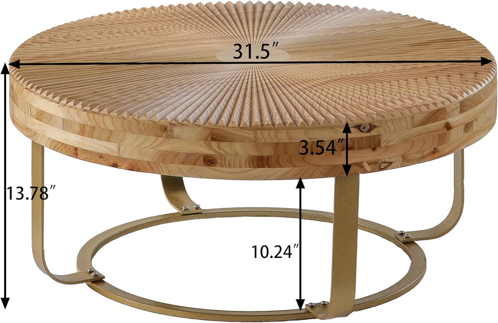 Wood Round Coffee Table, Farmhouse Circle Coffee Table with Metal Base, 31.5' Round Center Table for Living Room Office Natura