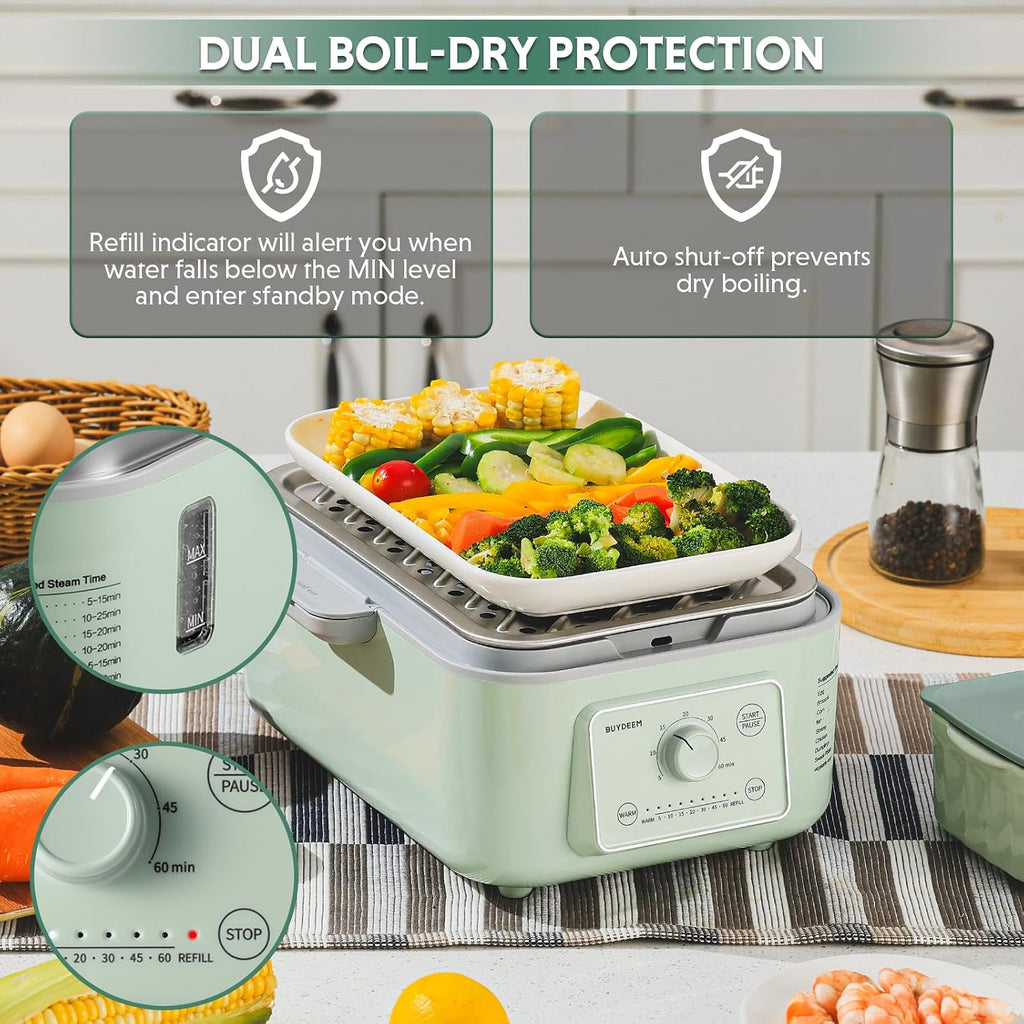 BUYDEEM G52 5.3 Quart Electric Food Steamer for 1-3 Servings, Vegetable Steamer for Cooking, 2-hour Keep Warm, 7 Preset Timings, Dual Boil-Dry Protection, Stainless Steel, Cozy Greenish
