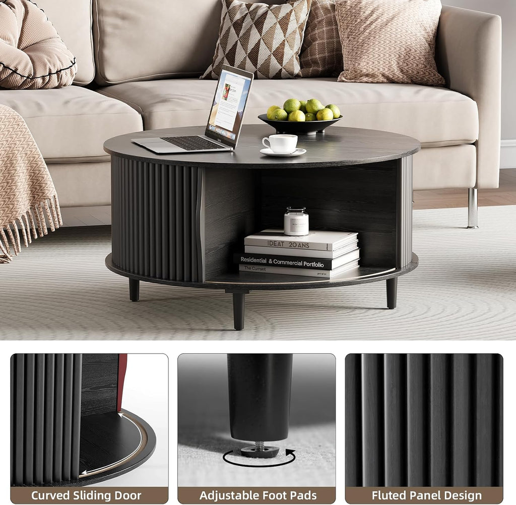 Round Coffee Table with Storage, 31.5' Modern Coffee Table with Sliding Door & Solid Wood Legs, Minimalist Fluted Center Table for Living Room, Home Small Space, Black